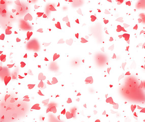 Heart confetti falling on transparent background. Valentines day card template. Vector illustration