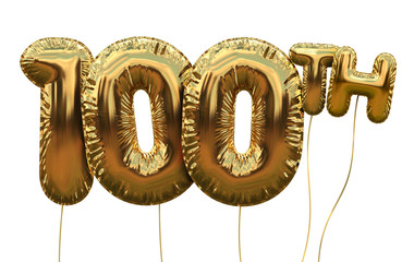 Gold number 100 foil birthday balloon isolated on white. Golden party celebration. 3D Rendering