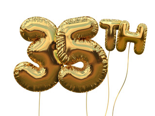Gold number 35 foil birthday balloon isolated on white. Golden party celebration. 3D Rendering