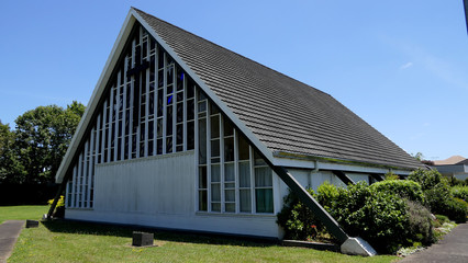 Exterior wide shot of a funeral chapel
