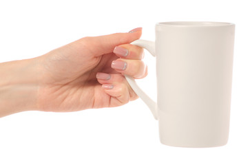 White mug in hands isolated