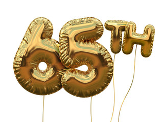 Gold number 65 foil birthday balloon isolated on white. Golden party celebration. 3D Rendering