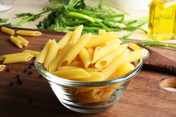 Penne rigate. Macaroni in the form of feathers. mostaccioli pasta