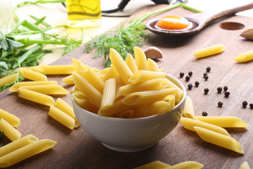 Penne rigate. Macaroni in the form of feathers. mostaccioli pasta