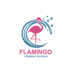 Fototapeta premium pink flamingo emblem with sun and waves