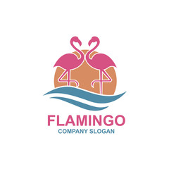 pink flamingo emblem with sun and waves