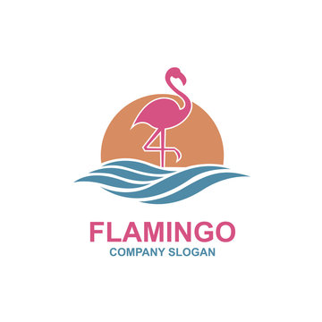 pink flamingo emblem with sun and waves