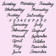 Hand drawn names days of the week and months