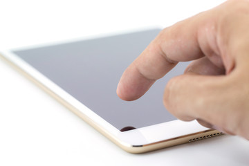 close view of hand on contemporary tablet