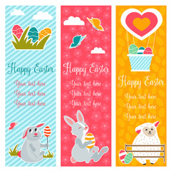 Holiday bright banners with rabbits, sheep, eggs