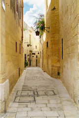 Obraz premium Quiet narrow desert medieval street in silent city Mdina, Malta. Travel postcard vacation concept. Copy space. Vintage effect.