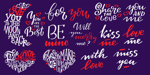 Set of Big hearts with lettering about Love, typography poster for Valentines Day, cards, prints.