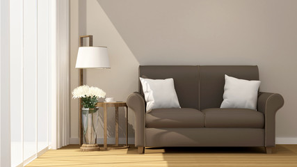 Living room and balcony on sunshine day for artwork room for rent or residence - Interior Design - 3D Rendering