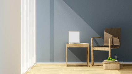 Living room and grey blue wall on sunshine day for artwork - Interior Design for apartment or other room for rent- 3D Rendering