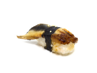 Unagi Sushi with sauce on white background, Japanese food