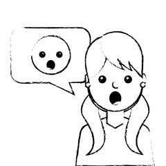 young woman with emoticon surprised in speech bubble vector illustration sketch design