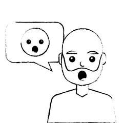 man with surprised emoticon in speech bubble vector illustration sketch design