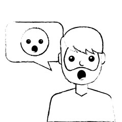man with surprised emoticon in speech bubble vector illustration sketch design