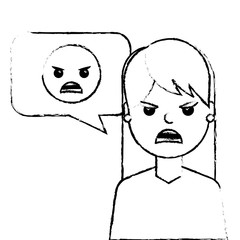 young woman with angry emoticon in speech bubble vector illustration sketch design
