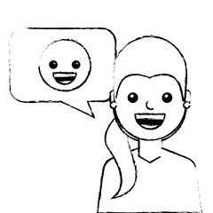 young woman with smile emoticon in speech bubble vector illustration sketch design