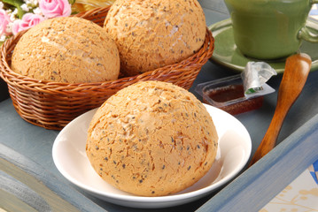 Buns on dish on restaurant table