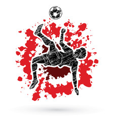 Soccer player somersault kick , overhead kick action designed on splatter ink graphic vector