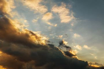 Dramatic colorful sunset and sunrise twilight sky with beautiful cloud silhouette