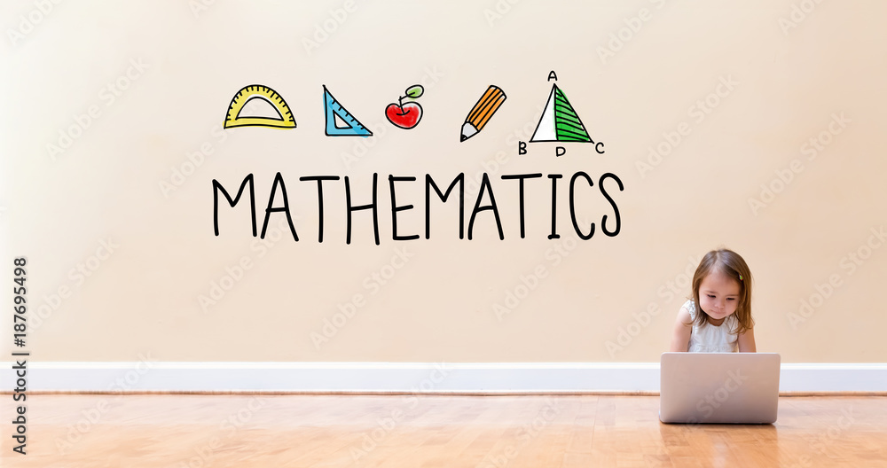 Poster mathematics text with little girl using a laptop computer on floor