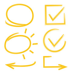 yellow hand drawn check marks, arrows, circle amrkers
