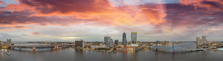 Fototapeta na wymiar Amazing panoramic aerial view of Jacksonville skyline at dusk, Florida