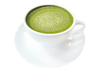 Hot green tea matcha latte cup with white saucer isolated on white background, clipping path included.