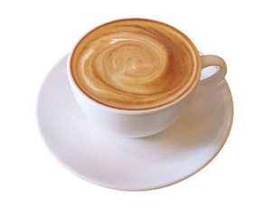 Hot coffee latte cappuccino cup with spiral milk foam isolated on white background, clipping path included.
