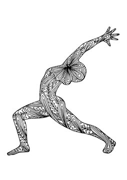 yoga warrior 1 pose 7 chakra vector flower floral leaf hand drawing zentangle illustration design (Virabhadrasana 1)
