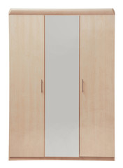 Modern wardrobe with mirror on white background