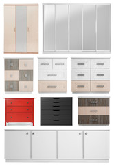 Set of modern wardrobes on white background