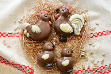 Chocolate chicken family in the rural decorations