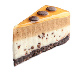 Yummy dessert with caramel and chocolate on white background