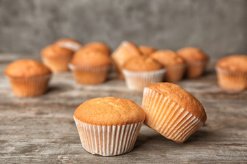 Delicious cupcakes on table, closeup