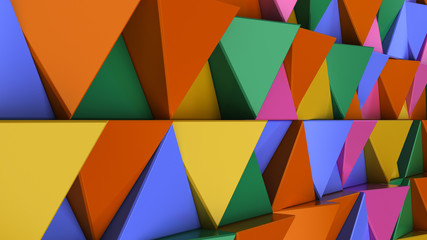 Pattern of green, yellow, brown and blue triangle prisms