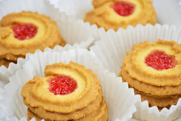 butter cookies with strawberry jam topping in Danish style