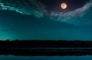 Fototapeta na wymiar Emerald green sky and full moon at seaboard. Serenity nature background.