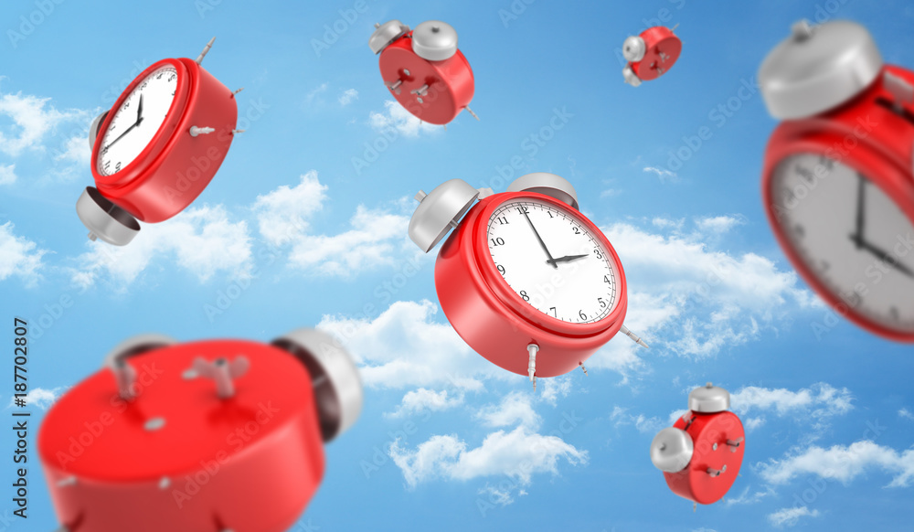 Poster 3d rendering of a many red round retro alarm clocks falling down on the background of a blue sky wit