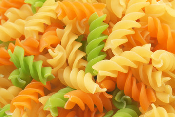 Close up of  three colored fusilli  