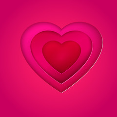 Paper cut out heart art. Layered Valentine's day and love symbol. Rose background with a decorative frame.