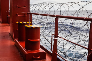 Close up of protection measures on a ship against pirats attacks in danger area