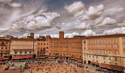 Wonderful aerial view of Piazza del Campo, Siena on a beautiful sunny day