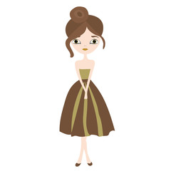 Beautiful cute young girl standing in fashion brown dress