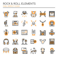 Rock & Roll Elements , Thin Line and Pixel Perfect Icons.