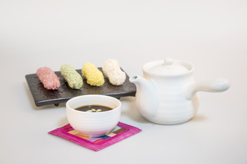 Korea traditional cookies on the dish. teapot. tea