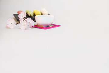 Korea traditional cookies on the dish. cherry blossom. tea